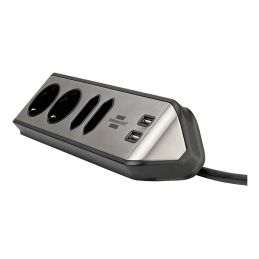 Schuko, 4-stikdåse med USB opladning, Sort-Alu
